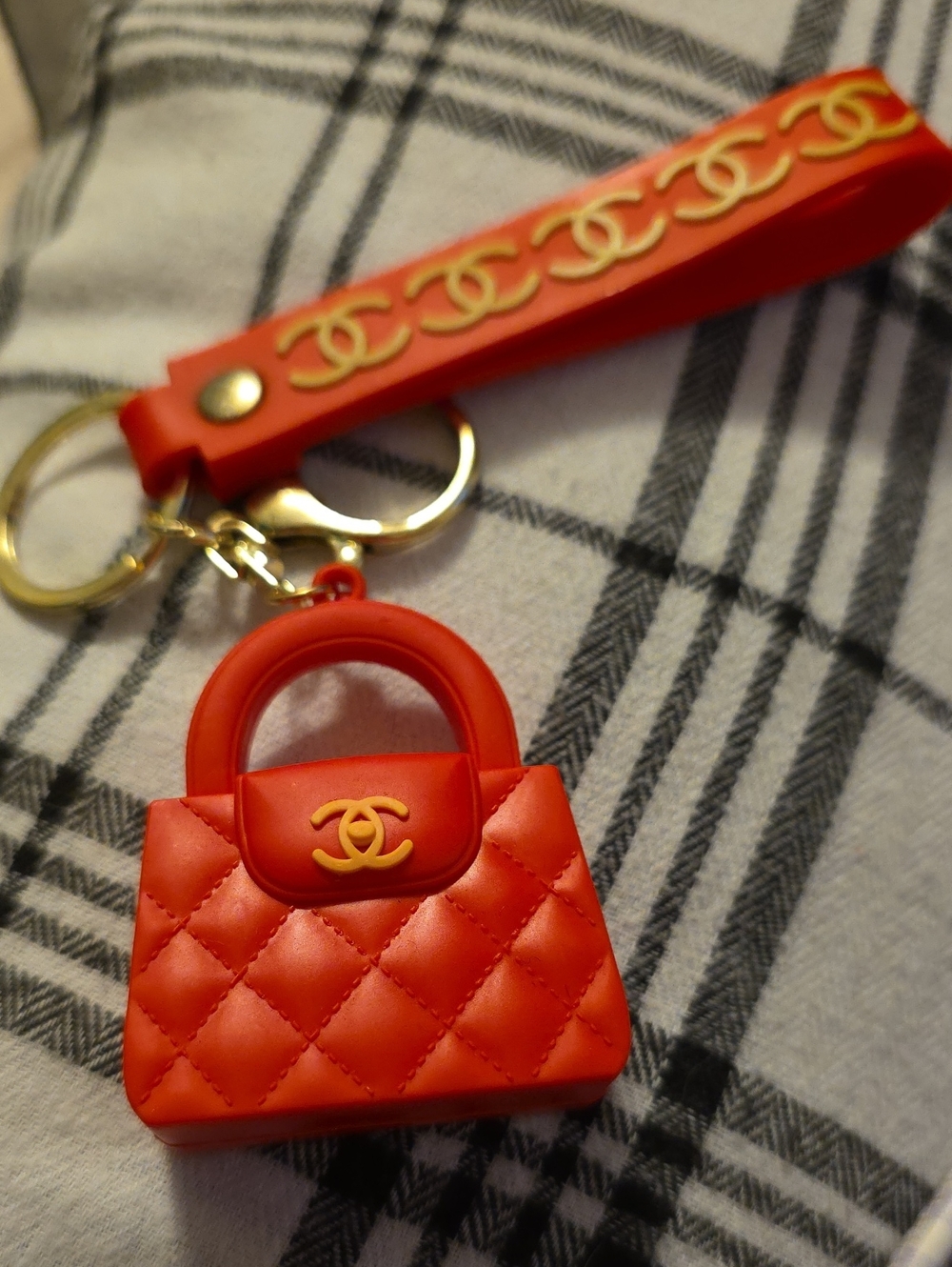 Red Quilted Mini Handbag Keychain with Gold Logo
